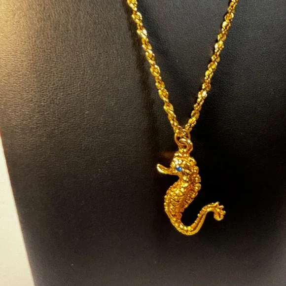 Seahorse Pendant Necklace Gold Tone Blue Eye Textured Nautical Jewelry - Picture 3 of 7